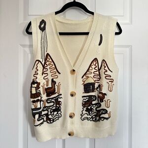 Cream Embroidered Mountain Scene Sweater Vest